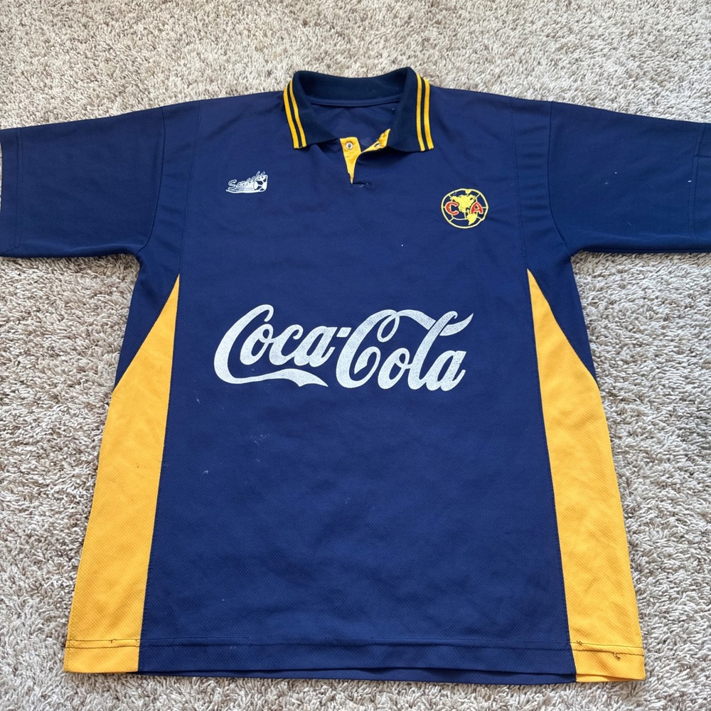 Vintage Club America Coca-Cola Soccer Jersey Navy Blue Yellow Liga MX Large